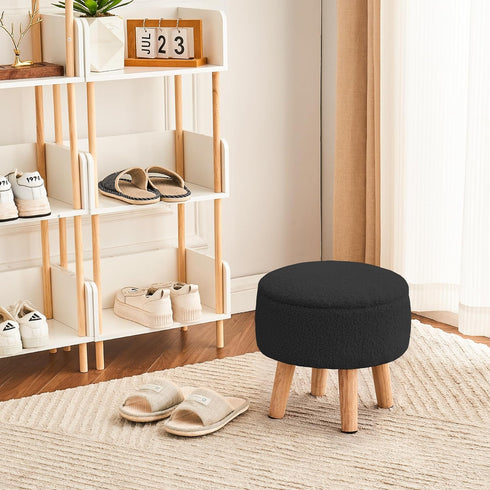 Poofzy Small Ottoman with Storage, Small Foot Stool Ottoman with Wood Legs, Sherpa Foot Rest for Couch, Living Room