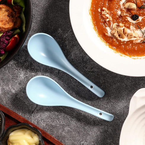 Artena 6.75 inch Solid Asian Soup Spoon Set of 6, Ultra-fine Porcelain Ramen Spoons for Pho, Miso, Dumpling, Blue