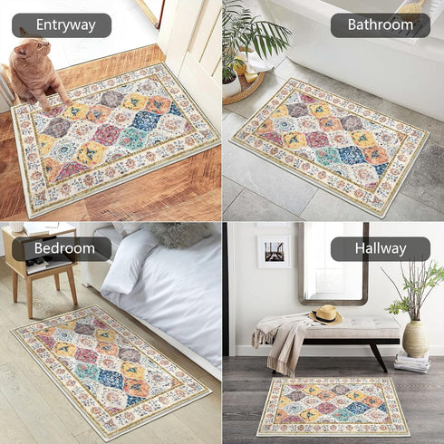 HEBE Washable Area Rug 2'x3', Non Slip Soft Distressed Medallion Bedroom Rug, Boho Living Room Accent Throw Rug