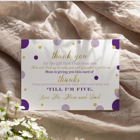 Paper Clever Party Purple and Gold Baby Shower Thank You Cards with Envelopes, 15 Pack