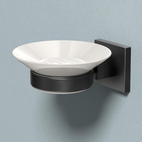 Gatco 1942MX Elevate Soap Dish Holder Matte Black | Wall Mounted Porcelain Round White Soap Dish with Matte Black Base