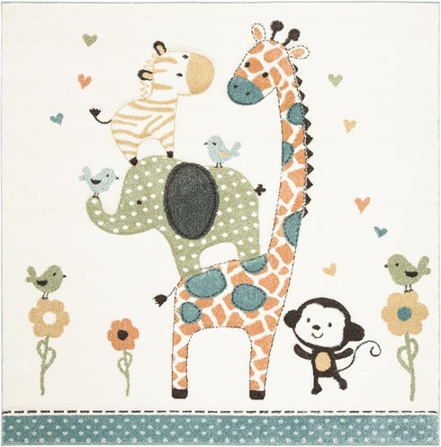 4' (CRK120A) SAFAVIEH Carousel Kids Collection Area Rug - Square, Ivory, Animal Design, Non-Shedding & Easy Care, Ideal