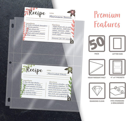 Better Kitchen Products Recipe Card Protective Sheets for 4" x 6" Cards, 50 Pack, Heavyweight, Fits Standard Binder