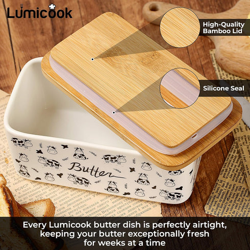 2 porcelain butter dish with lid, Natural bamboo lid, seal included for airtight butter dish, butter holder easily fits