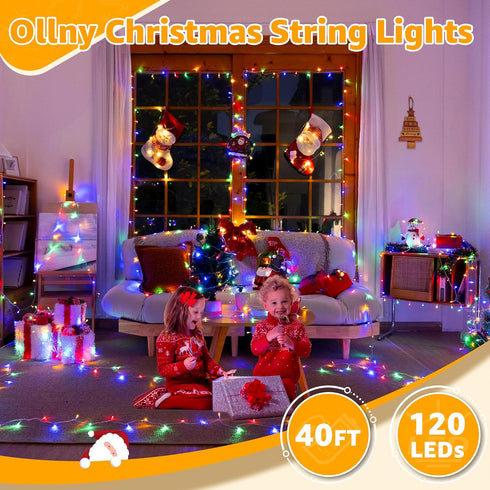 120LED 40FT 8 Ollny Christmas Lights, Waterproof Connectable String Lights with Timer Modes, Multicolor Plug in Fairy