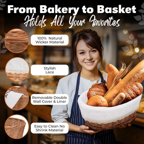 Large Handmade Wicker Bread Basket for Serving, 12 inch Sourdough Bread and Pastries Basket with Liner