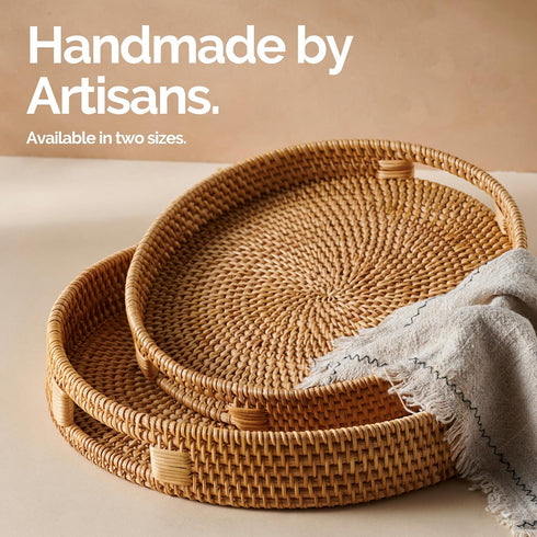 14 Counter JUNGLE CULTURE Handcrafted Round Wicker Tray Large Decorative Rattan Serving Basket for Coffee Table
