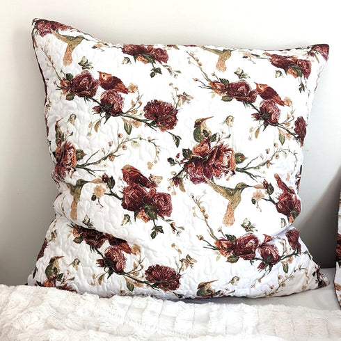 Tache Floral Red White Euro Sham, 26 inch Quilted 1pc Rose Garden Hummingbirds Microfiber Square Pillow Cover