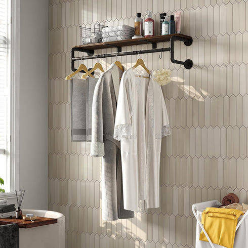 Industrial Pipe Clothes Rack with Top Shelf and 3 Hooks, 41''L Wall Mounted Heavy Duty Iron Garment Rack