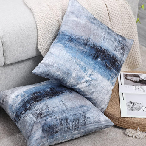 Set of 2 Blue and Grey Abstract Art Pillow Covers, 18 x 18 Inch Decorative Throw Pillows for Living Room Bedroom Sofa