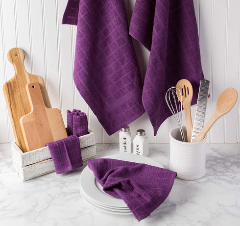 DII Basic Terry Collection Windowpane Dishtowel Set, 4 Piece, Eggplant Solid, 16x26