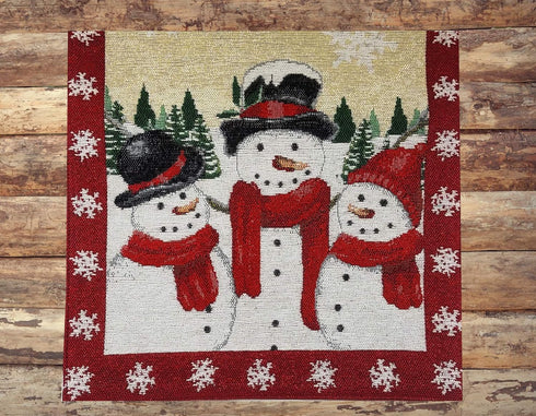 Table Runner with Trio of Snowmen, Sparkling Snowflakes, Trees and Glitter Tapestry 36 inches for Winter and Christmas