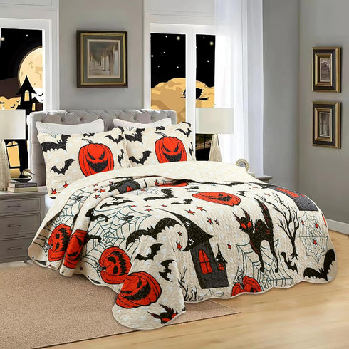 Set ME503 MarCielo Kids Halloween Themed Quilt Bedspread Pumpkins, Black Cats, Bats, Haunted Houses (Full)