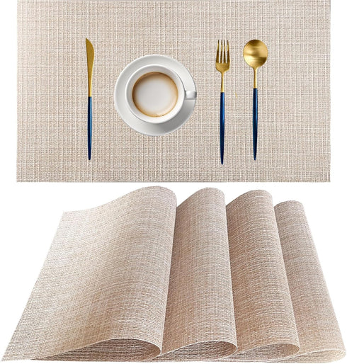 PIGCHCY Set of 4 Beige Placemats, Vinyl PVC Durable Place Mats for Dining Table, Heat Resistant Non-Slip Woven Mats