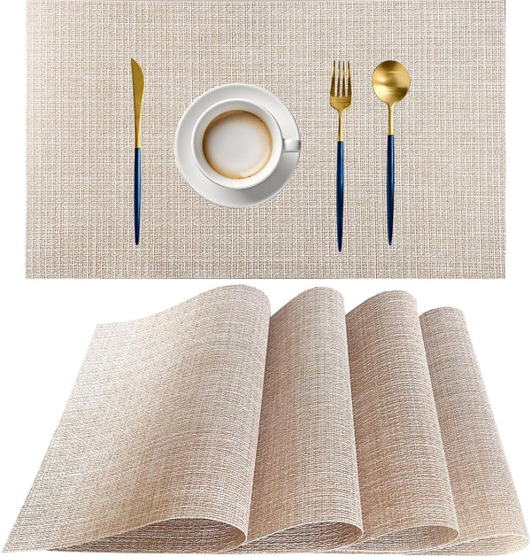 PIGCHCY Set of 4 Beige Placemats, Vinyl PVC Durable Place Mats for Dining Table, Heat Resistant Non-Slip Woven Mats
