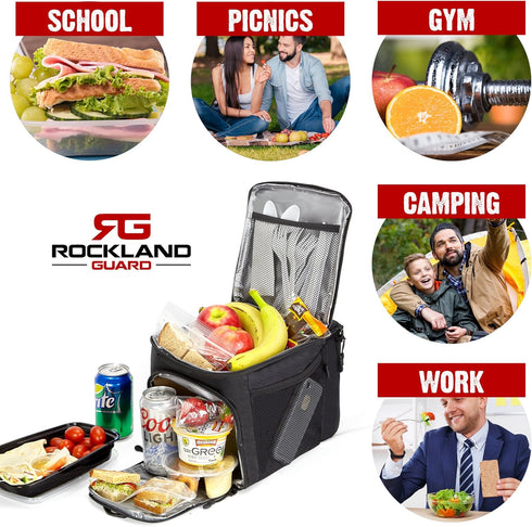 Rockland Guard Insulated Lunch Bag for Men - Black Lunch Box with Compartments for Meal Prep, Bottles, Snacks
