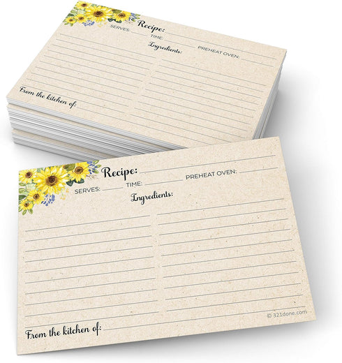 321Done Jumbo XL Sunflower Recipe Cards: Set of 50 Extra Large 5x7 Rustic Kraft Tan