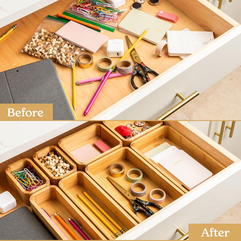 SMIRLY 8-Piece Bamboo Kitchen Drawer Organizer Set - Multi-use Storage Box for Bathroom, Nightstand, Jewelry, Cutlery
