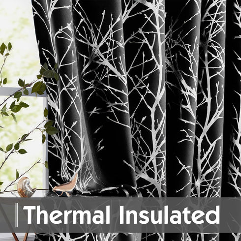 FMFUNCTEX 100% Blackout Curtains for Bedroom, 54 Inch Length Black Branch Panels for Living Room, Thermal Insulated 2