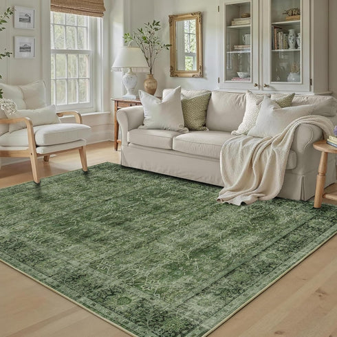5x7 Green Washable Rug for Living Room Large Vintage Distressed Bedroom Rug Low Pile Non-Slip Soft Boho Carpets