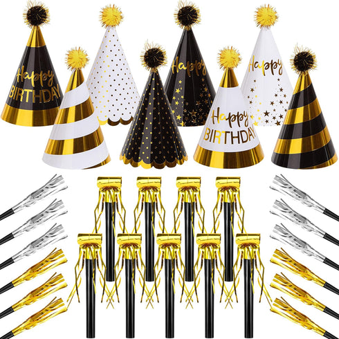 JOYEONDEF 30 Pcs Gold Birthday Party Hats Cone Hats Includes 8 Birthday