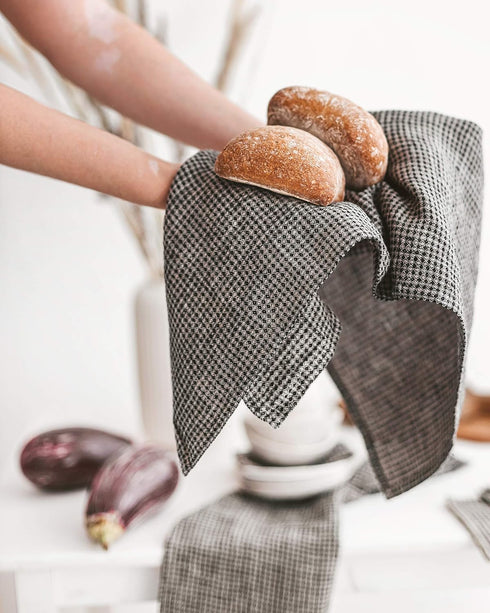 Pure 100% Linen Hand Towels - Set of 2 Waffle Weave Kitchen Towels, Black-Natural, 13 x 29-inch Quick-Dry Dish Towels
