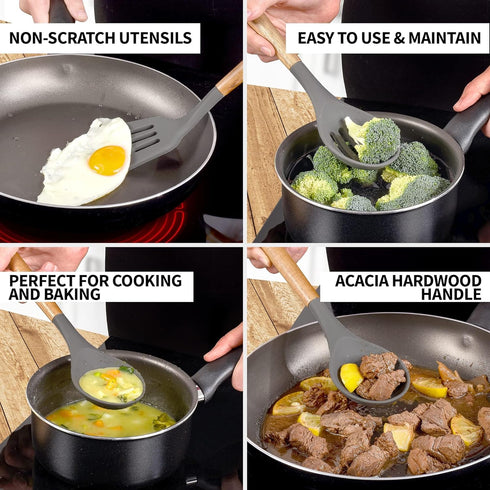 Zulay Kitchen Utensils Set, 5 Piece Non-Stick Silicone Cooking Utensils with Acacia Wood Handles, Gray