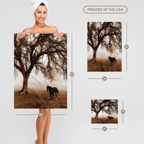 3D Rose Western Sepia Toned Horse on a Ranch with Oak Tree Towel, 15" x 22", Multicolor