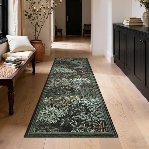 2x6 GarveeHome Forest Runner Rug, Black Green Washable Runner Rug for Kitchen, Botanical Low Pile Non Slip Stain