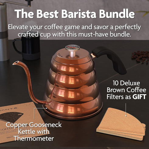 40 oz. Viant Gooseneck Stovetop Pour Over Coffee Kettle with Thermometer for Drip Coffee and Tea. Premium Copper