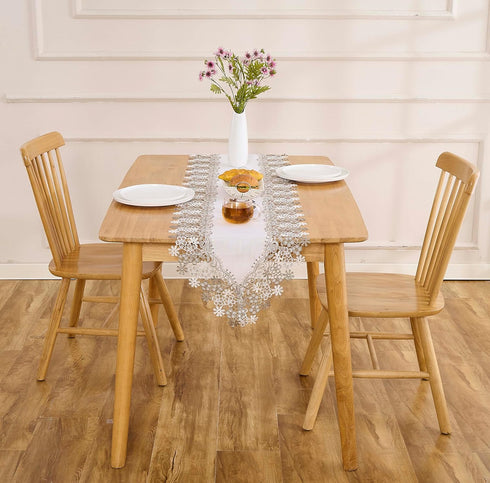 Winotic 90 inches 16 90) White Beige Floral Lace Table Runner Dresser Scarf Long for Kitchen Dining Coffee Table