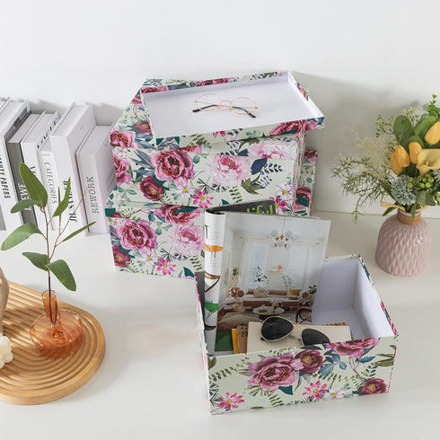 Soul & Lane Decorative Cardboard Storage Boxes, Floral Luxe Set of 3, Nesting Boxes with Lids for Keepsakes