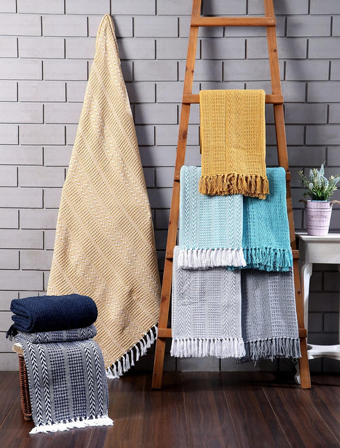 Set 50x60 Handwoven of Two - Cotton Throw Blankets, Rustic Ottoman & Batik Chair - Striped with Fringe, Picnic
