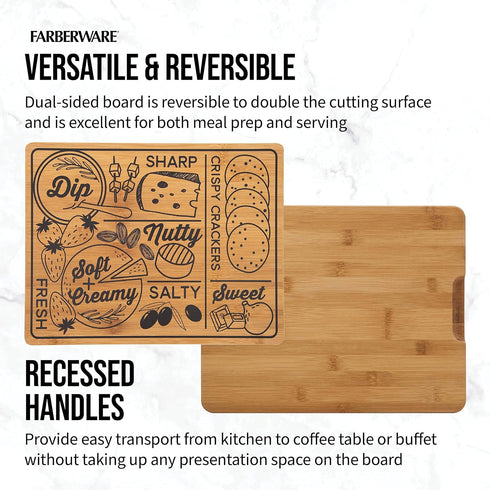 Farberware Charcuterie Board with Recessed Handles, Reversible Kitchen Cutting Board, 11-inch x 14-Inch