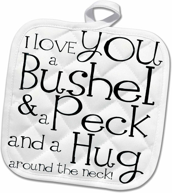 3D Rose I Love You A Bushel and A Peck Pot Holder, White and Black, 8 x 8
