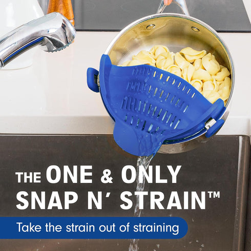Kitchen Gizmo Snap N' Strain - Silicone Clip-On Colander, Heat Resistant Drainer for Vegetables and Pasta Noodles, Kitchen Gadgets for Bowl, Pots, and Pans - Essential Home Cooking Tools - Blue by Kitchen Gizmo