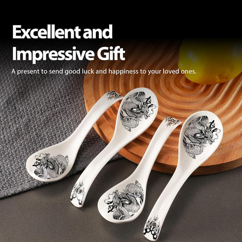 Set of 4 Dragon Ceramic Soup Spoons, 6.2 Inch Asian Spoons for Chinese, Korean, Japanese Ramen and Pho