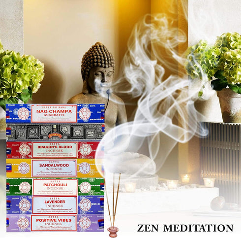 Satya Incense Gift Set - Nag Champa, Super Hit, Dragon's Blood, Sandalwood, Patchouli, Lavender, Positive Vibes, 15 g