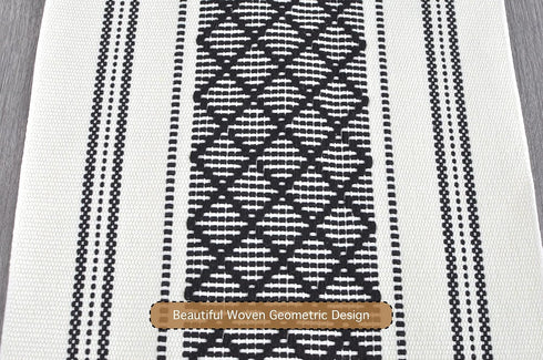 14 72 Inches, Boho Table Runner with Tassel x Black & Cream Cotton Woven Washable Dresser Scarf Top Cover for Furniture