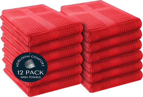 12 Pack Red Waffle Weave Kitchen Towels, 16x26 Inch, 100% Cotton, Absorbent