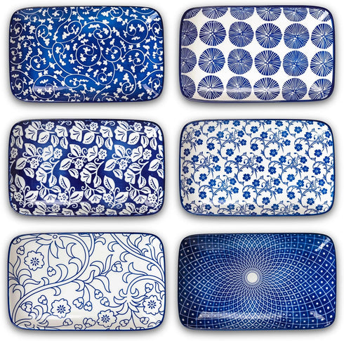Selamica Ceramic 8 Inch Rectangular Salad Plates, Set of 6, Microwave/Oven/Dishwasher Safe Dinner Plates in Vintage Blue