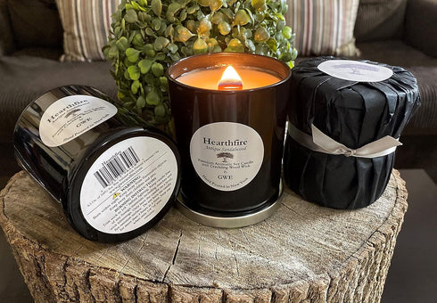 Hearthfire Sandalwood Scented Soy Candle w/Natural Oils, Wood Wick, Smoky Dark Sweet, Made in The USA