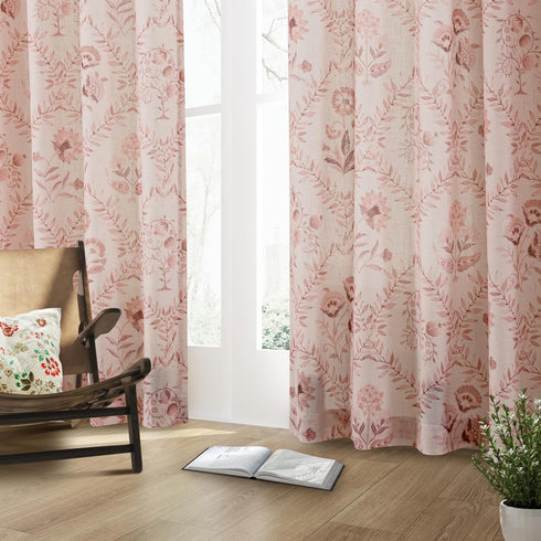 96 Inch 2 Set Pink Linen Floral Curtains Panel for Living Room Semi Sheer Light Filtering Window Curtains Blush Flower