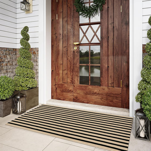 Black and Tan Outdoor Rug, 2x4.3 Striped Hand-Woven Entryway Mats, Reversible Layered Doormat