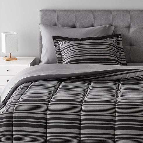 5-Piece Set Amazon Basics Lightweight Microfiber Comforter with Sheets, Bed-in-a-Bag, Gray Calvin Striped Bedding