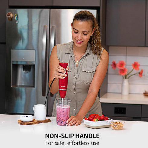 OVENTE Immersion Electric Hand Blender, 300 Watt Power with Stainless Steel Blades, Includes Whisk and Chopper, Red