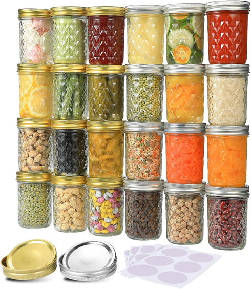 8 oz, 24 Pack 8 oz SPANLA Mason Jars Canning Jars Half Pint Glass jars with Regular Lids and Bands, Small Mason Jars