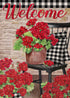 Welcome Spring Geranium Red Flower Decorative Garden Flag, 12x18, Black White Buffalo Plaid for Outdoor Decor