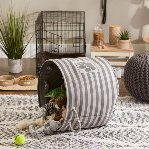 Bone Dry Pet Storage Collection Large Round Bin with Striped Paw Patch, Gray