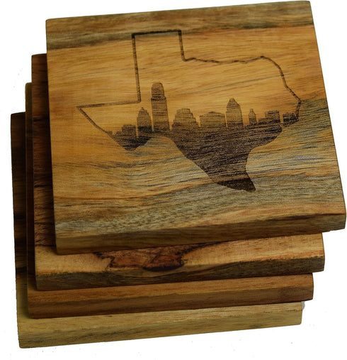 Austin Coasters Set of 4, Engraved Acacia Wood Drink Coasters with Austin Skyline Design